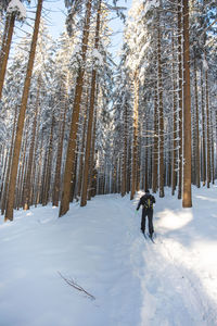 People skiing on snow covered field