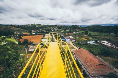 High angle view of railing against landscape