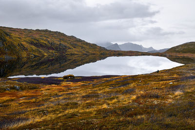 Scenic view of hiking cabin with grass roof at lake in the mountains of lofoten islands norway