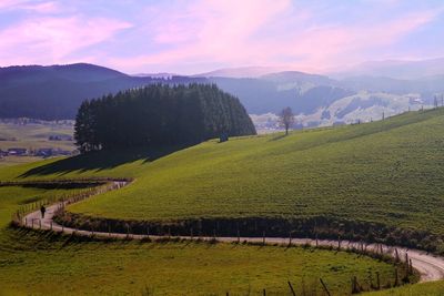 Scenic view of field against sky and a loner walking.