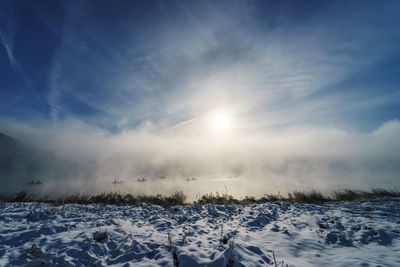 Snow covered landscape against sky