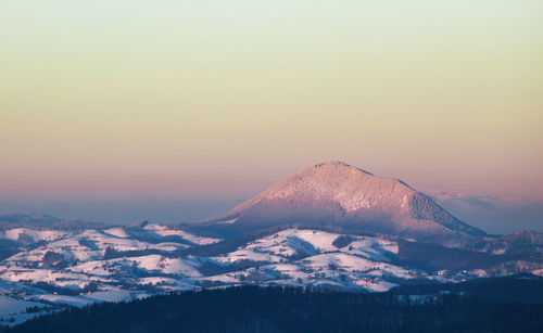 Scenic view of mountains against clear sky during winter