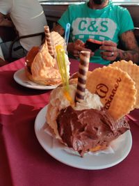 High angle view of cake in plate on table