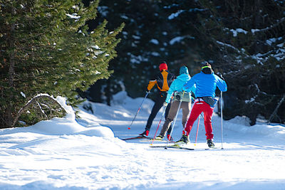 Rear view of man and woman in snow