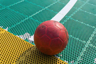 High angle view of soccer ball on field