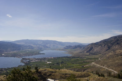 High angle view of landscape amidst lake against sky