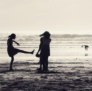 People on beach against sky during sunset