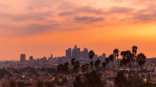 Beautiful sunset of los angeles downtown skyline