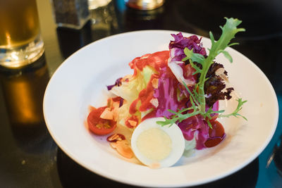 High angle view of food in plate on table