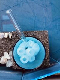 High angle view of dentures on table