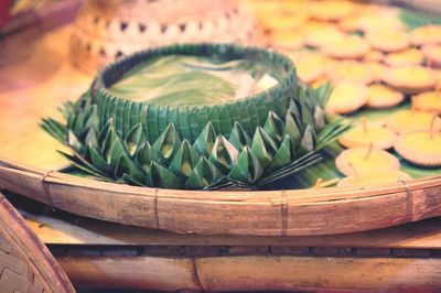 Close-up of leaves in bowl on table