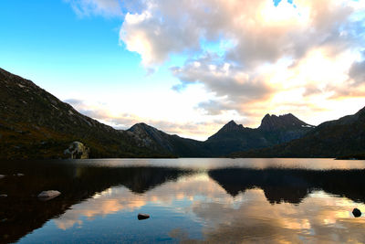 Scenic view of lake by mountains against sky