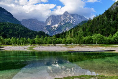 Scenic view of lake by mountains against sky