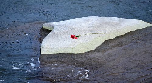 Person with red umbrella on water