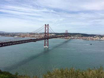 View of suspension bridge over sea