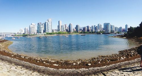 Scenic view of sea and buildings against clear sky