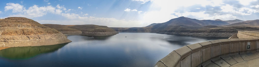 Panoramic view of katse dam hydroelectric power plant in mountains of lesotho, africa