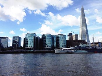 View of modern buildings by river against cloudy sky