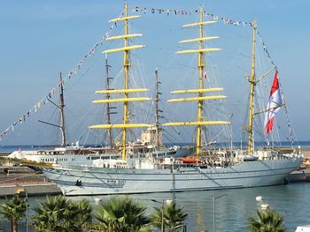 Sailboats moored on harbor against sky