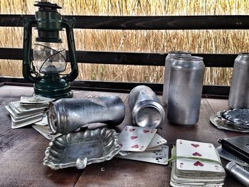High angle view of glasses on table