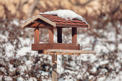 Close-up of birdhouse on snow covered land