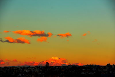 Cityscape by andes against sky during sunset