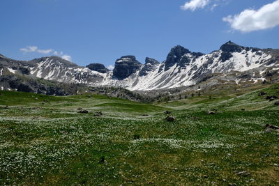 Scenic view of field and mountains against sky