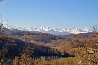 Scenic view of lake and mountains against clear blue sky