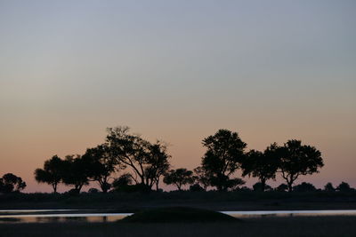 Silhouette trees by lake against clear sky during sunset