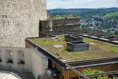 High angle view of buildings against sky