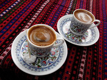 High angle view of coffee on table