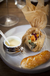 High angle view of food in plate on table