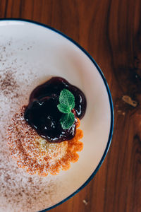 High angle view of cake in plate on table