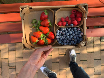High angle view of person holding fresh berries in box