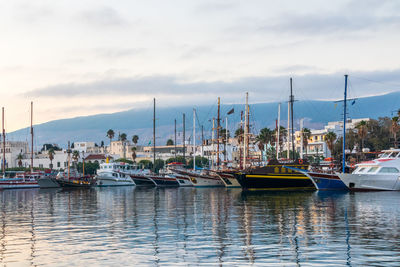 Sailboats moored at harbor against sky