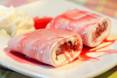 Close-up of dessert in plate on table