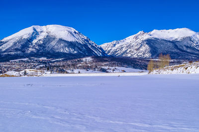 Snowcapped mountains against clear blue sky