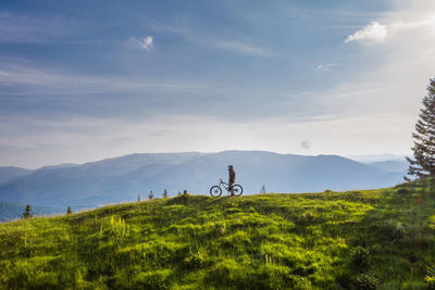 Mountain biker on his bike on a green hill on a sunny day