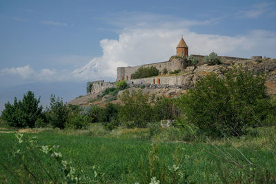 Low angle view of the monastery of khor virap in armenia