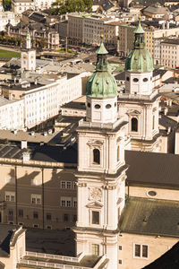 High angle view of buildings in city