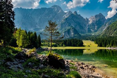 Scenic view of lake and mountains against sky