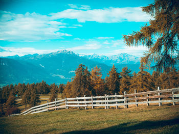 Scenic view of trees and mountains against sky