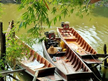 High angle view of food on table at lake