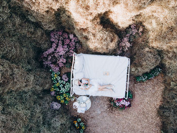 Drone shot of woman lying on bed amidst trees in forest