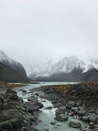 Scenic view of mountains against sky during winter