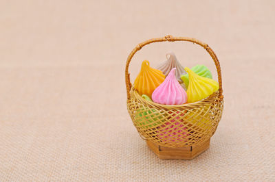 Close-up of multi colored wicker basket