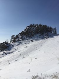 Scenic view of snow covered mountain against clear sky