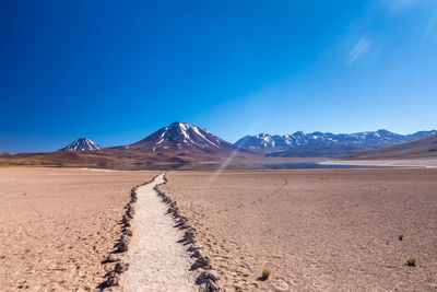 Scenic view of arid landscape against blue sky