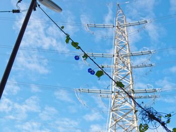 Low angle view of electricity pylon against cloudy sky