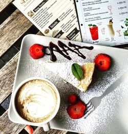 High angle view of dessert served on table